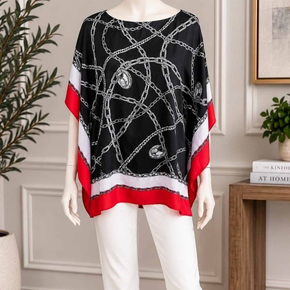 Michael Kors Black Coral Chain Print Poncho Batwing Tunic Top S/M
